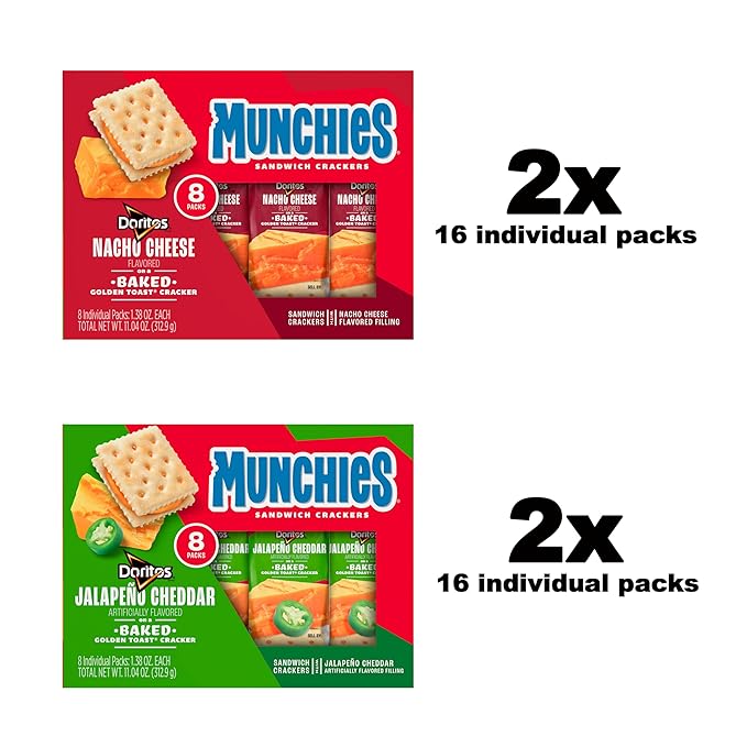 Munchies Baked Sandwich Crackers Variety Pack, Doritos Nacho Cheese and Doritos Jalapeno Cheddar, 1.38 Oz sleeves (Pack of 32)
