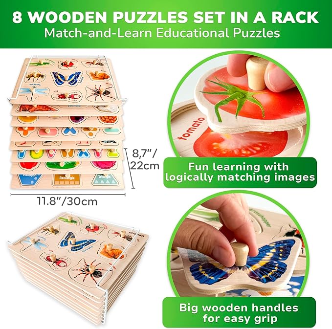 QUOKKA Wooden Puzzles for Toddlers 1-3 - 8XSET Toddler Puzzles Ages 2-4 with Rack - Learning Alphabet, Numbers and Animals Toy Puzzles for Toddlers 3-5 - Wood Games Gift for Boys and Girls