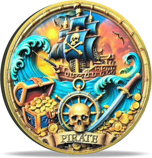 Pirate Challenge Coin with Skull and Ship Design - Treasure Island Adventure Coin, 1.57” with Protective Case
