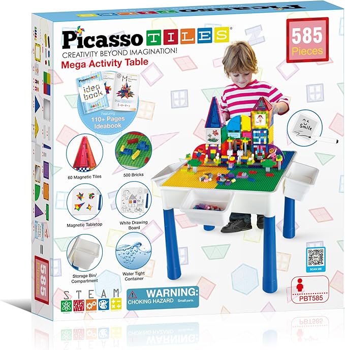 PicassoTiles 585pc Kids Activity Table with Magnetic Tiles and Bricks STEM Pretend Play Learning with Reversible Brick Whiteboard Tabletop Storage Bins and Extra Add-On Toys Boys Girls Ages 3+ PBT585