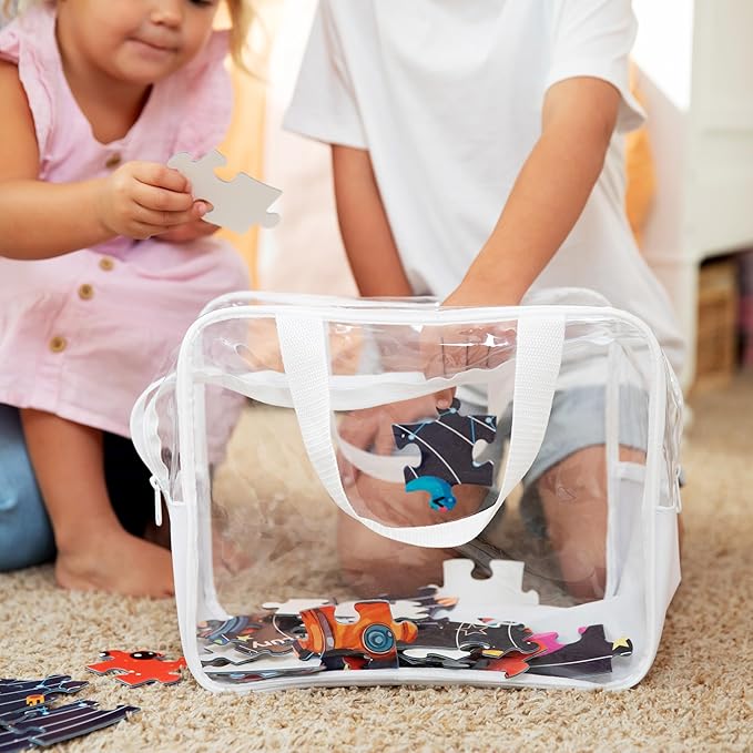 4 Pack Extra Large Toy Storage Clear Bags with Zipper 12"x10"x7" Clear Plastic Bins with Handle, Toy Organizer for Kids playroom, Blocks, Clothes, Stuffed Animal Storage