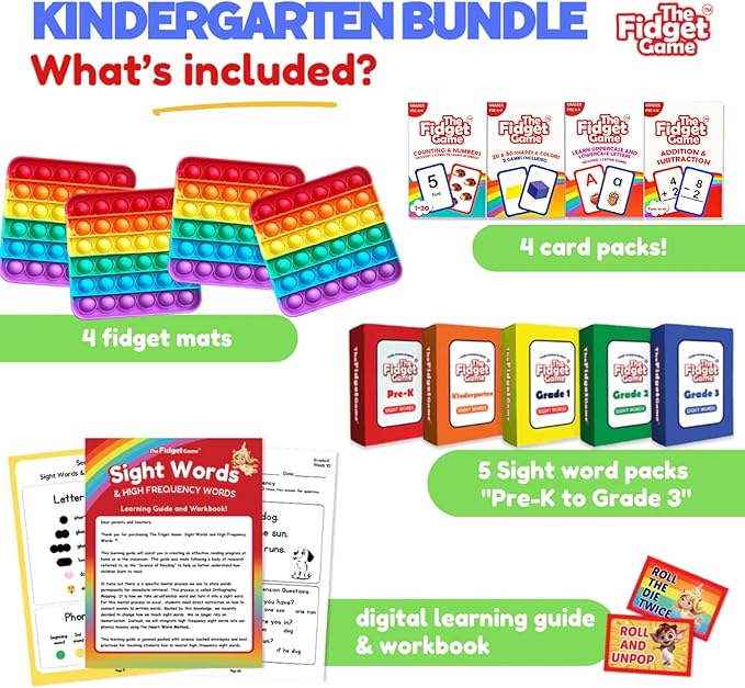 THE FIDGET GAME Kindergarten Learning Bundle - Flashcards and Pop Fidget Toys for Kids Pre-K to Grade 3 - Learning Activities and Games for High-Frequency Dolch Sight Words - Includes Mats and Dice