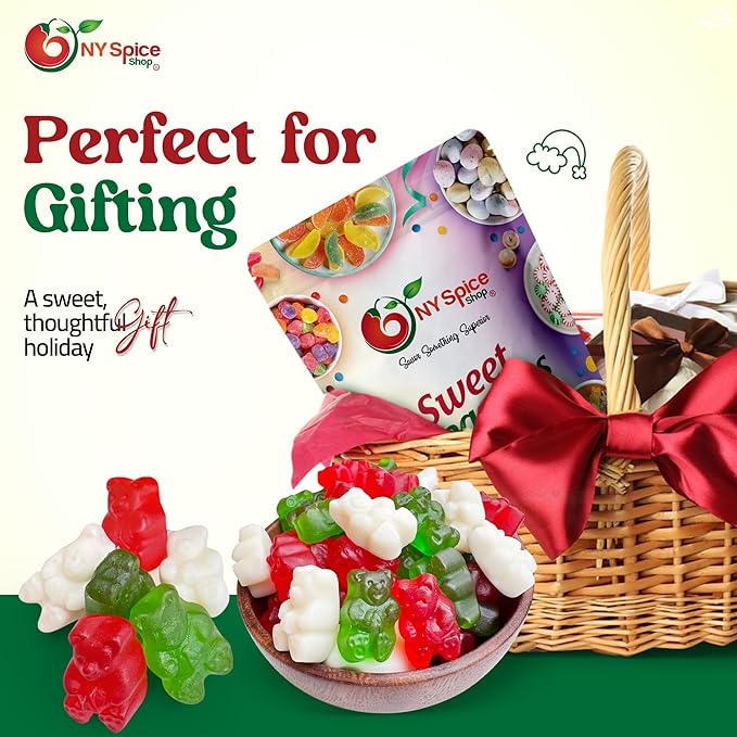 NY Spice Shop Christmas Gummy Bears Candy - 1 Pound Delightful Chewy Green, Red and White Fruit Flavored Holiday Candies Bulk - Gummies Fruit Snacks for Candy Buffet, Party and More
