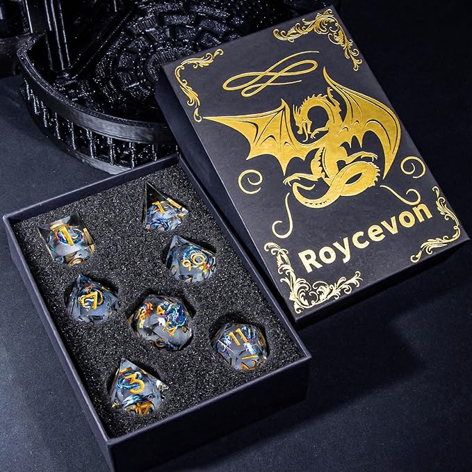 Dragon Pattern Liquid Core DND Dice Set, 7Pcs Sharp Edge D&D Dice with Gift Box, Resin White Dungeons Dragons D and D Role Playing Dice D20 D12 D10 D8 D6 D4