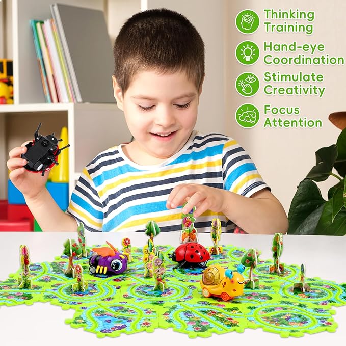 15Pcs Puzzle Racer Kids Car Track Set for Kids, Race Tracks for Toddlers Ages 3-8, Puzzle Track Car Play Set, Educational Puzzles Cars Toys Gifts for 3 4 5 6 7 Year Old Boys (Snail Bee Ladybug)