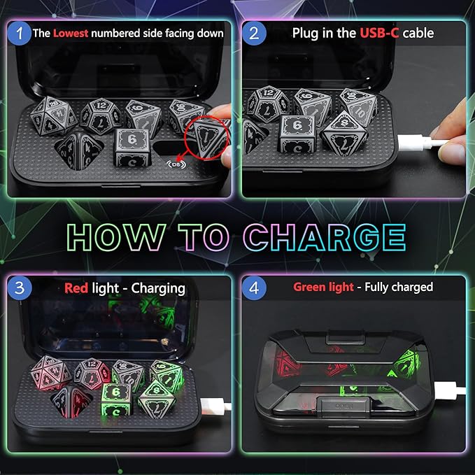 Light Up Dice Set D and D for Dungeons and Dragons 4 in 1 Color, Cool LED DND Dice with Charging Box Rechargeable Polyhedral Role Playing Dice for DND Gifts RPG (Astral Shard Mixed Colors)