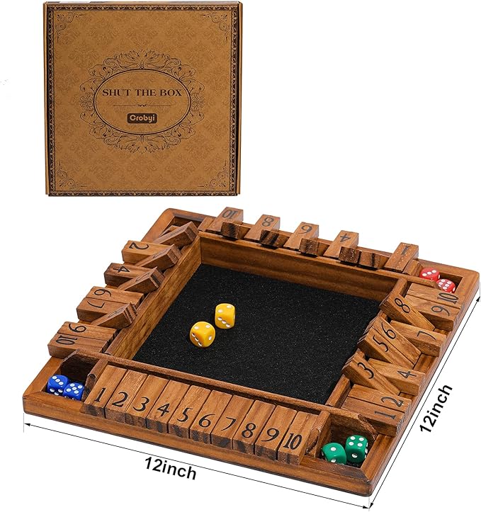 Shut The Box Game Wooden for 1-4 Players,Educational & Fun Wooden Board Game with 10 Dice and Shut-The-Box Instructions for Kids & Family, Pub Dice Game for Adults. (12 Inches)