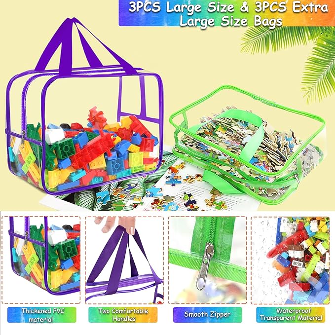 6 Colors Large Toy Storage Bags with Labels, Reusable Clear PVC Board Game Storage, Travel Waterproof Organizer Bags with Zipper for Building Blocks, Puzzle, Kids Books(3 large & 3 Extra Large)