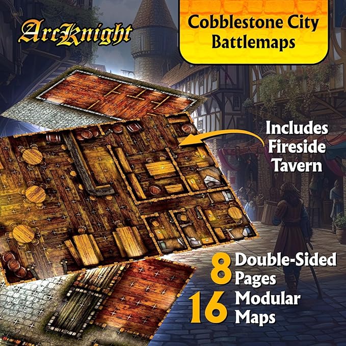 Arcknight The Cobblestone City Roleplaying Battlemaps; 16 Modular RPG Maps in 8 Double-Sided Pages, 1" Square Grid, Modular & Versatile Design for Tabletop Gaming - for Dungeons & Dragons, Pathfinder