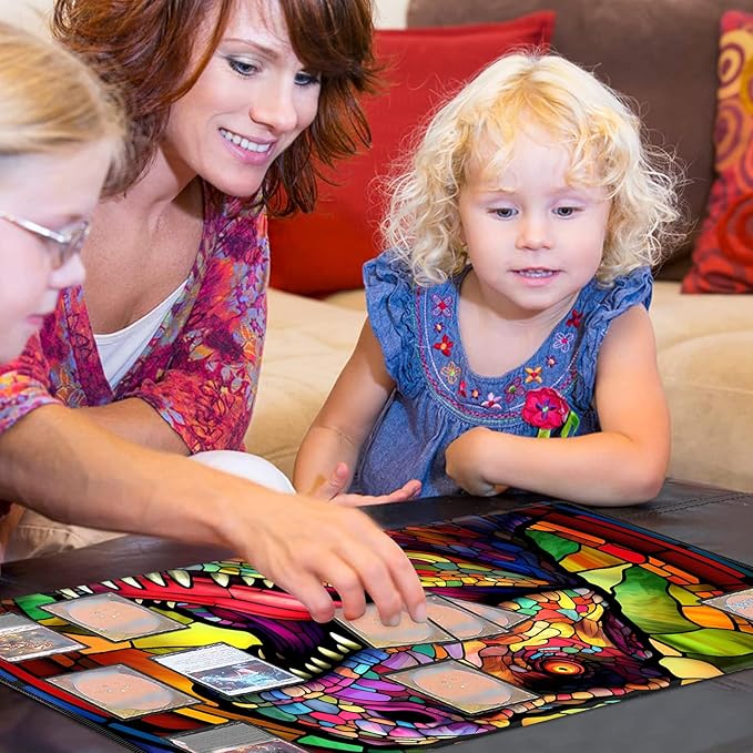 Playmat 24" x 14" Game Mats Tabletop Magic for MTG/TCG Cards, Trading Card Game Playing Stitched Play Mats Commander Deck Gaming Desk Mat Card Gameplay Mats, Stained Glass Retro T-Rex