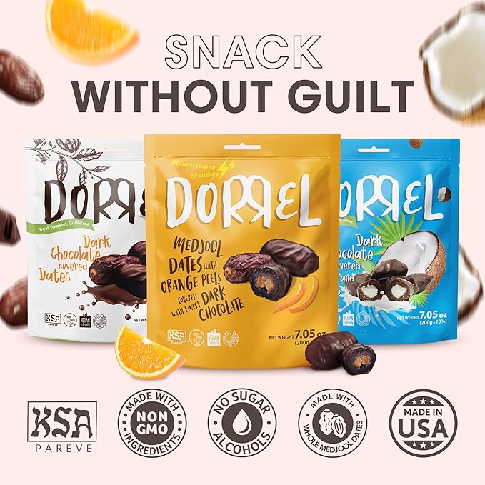 DORREL - Trio Bundle Pack: Belgian Dark Chocolate Covered Dates (Medjool) + Chocolate Dates with Candied Orange Peels & Coconut Stuffing, High Energy Choco Snack Kosher & Non-GMO Pack of 3, 7.05 oz Ea