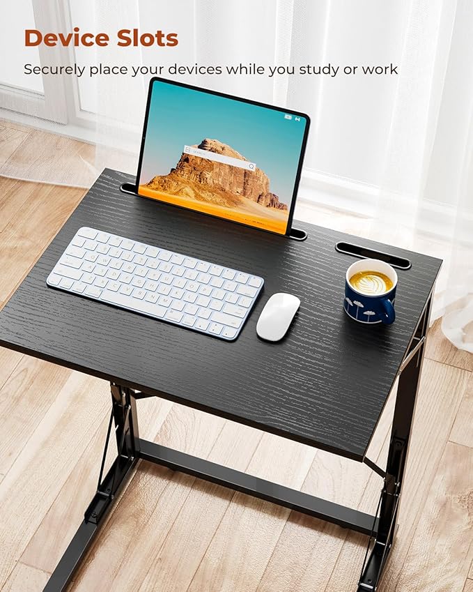 21''Wx28''H Folding TV Tray Set of 2, Small Foldable C-Shaped Tray Table for Eating with Tablet and Phone Slots, Slide Under Couch Side Table for Recliner, Living Room, Bedroom, Black