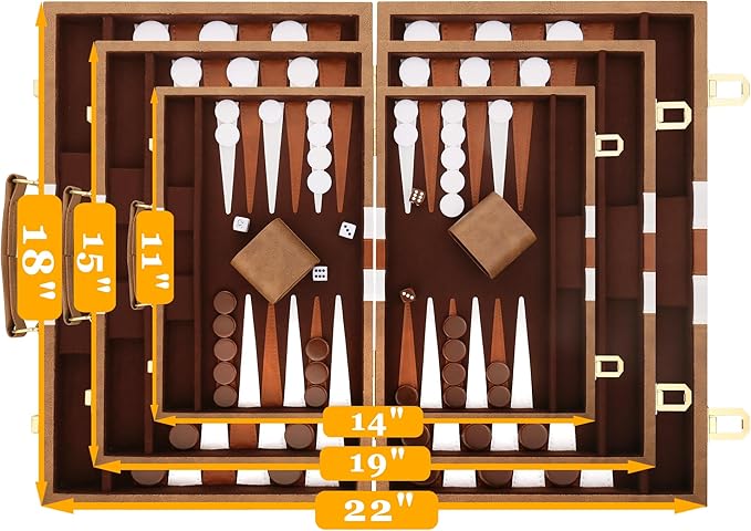 Backgammon Set - Classic Board Game with Premium Leather Case - Portable Travel Strategy Backgammon Game Set for Adults, Kids (18inch, Khaki)