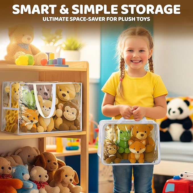 Honeyera Stuffed Animals Storage Bags with Zipper - Set of 2 with 1 Large Toy Storage Bag for Home Organization & 1 Portable Small Tote for Travel - Clear PVC Material for Easy Visibility & Organizin