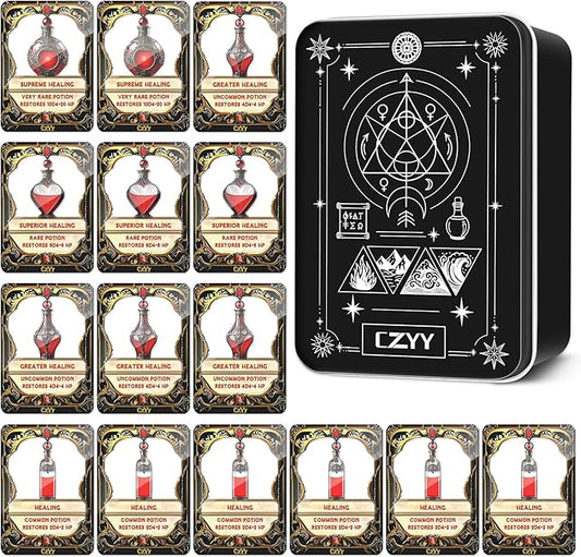 DND Healing Potion Cards Set - 15 Acrylic Fantasy Potion Tokens with Real Red Liquid | Ideal for Dungeon Masters, Tabletop RPG Players, Collectors & Immersive Game Nights (Style A)