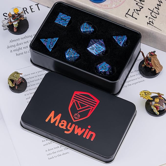 Metallic Glitter Stripes D&D Dice Set,7 PCS Polyhedral Dice Set with Gift,RPG Metal Dice Set Dungeons and Dragons Tabletop Game (Blue+Light Purple)