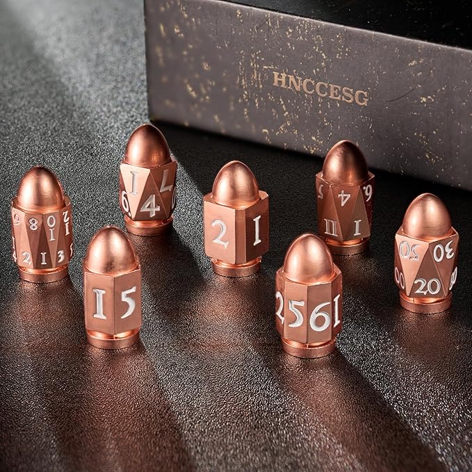 Bullet Dice for Dungeons and Dragons, Heavy Metal Dice Set D&D Polyhedral D and D Dice for Role Playing Game for Sci-Fi Warhammer40k War Crime (Rose Gold WhiteNumber)