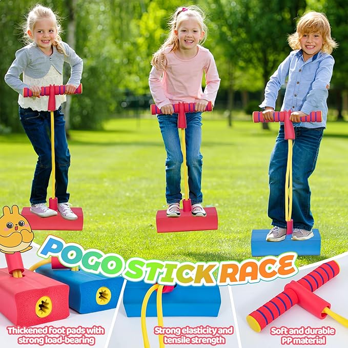 50PCS 6-in-1 Carnival Outdoor Game Combo for Kids, Foam Pogo Jumper, Giant Tic Tac Toe, Soft Plastic Cones Bean Bags Ring Toss Game, Perfect for Birthday Parties, Family Reunions, Field Days Yard Play