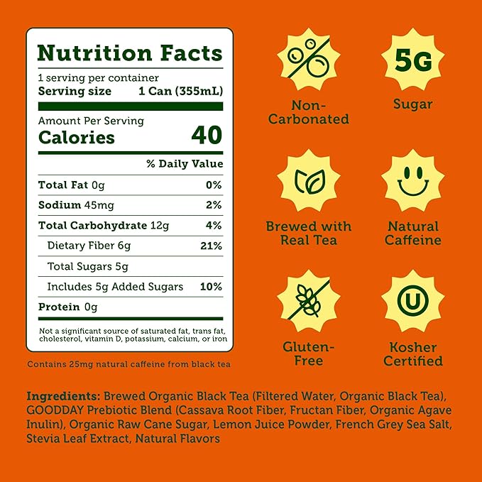 HALFDAY Prebiotic Half & Half Iced Tea Cans, Supports Digestive & Gut Health, 6g Plant Fiber & Prebiotics, Low Sugar, 40 Calories, Real Brewed Tea, Natural Caffeine, Gluten Free, 12 fl oz (12 pack)