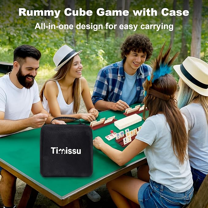 Rummy Cube 6-8 Players with 8 Wooden Racks 214 Large Number Rummy Tiles Travel Size Rummy Cube Game with Case 8 Players Travel Game Set for Fun Family Board Games