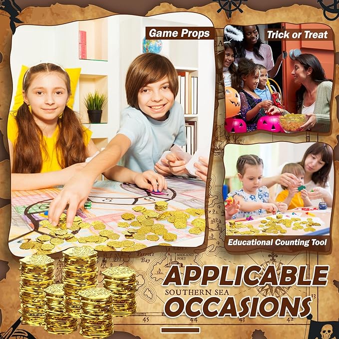 Hanaive 800 Pcs Plastic Pirate Coin Gold Treasure Spanish Doubloon Fake St. Patricks Toy Coin for Kids Board Games Pirate Party Cosplay Teachers Classroom Reward(Gold)