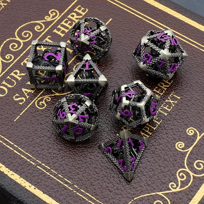 DND Dice for Dungeons and Dragons Polyhedral Dice Set Metal Role Playing D&D Dice HNCCESG Hollow Cthulhu Gaming for Table Game RPG (Purple Number)