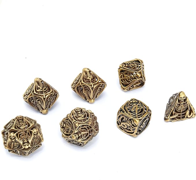 Metal Skull Dice Set Hollow Multi-Sided Dungeons & Dragons Dice 7CPS Role-Playing Dice Set with Flannel Bag Suitable for D&D Board Game Cards(Ancient Bronze)