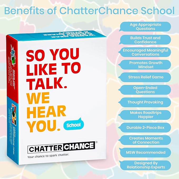 ChatterChance School: Conversation Card Games - Learning Educational Fun Game for Kids Teens Teacher Classroom for Elementary & Middle School - 80 Thought Provoking Cards - Therapy Supplies