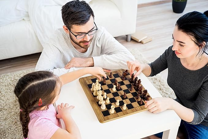 VAMSLOVE Wooden Chess Checkers Tic-Tac-Toe Game Set 11.5" x 11.5" Double-Sided 3 in 1 Board with 34 Chess Pieces - 2 Extra Queens - 24 Interlocking Checkers - Storage Bag - Instructions
