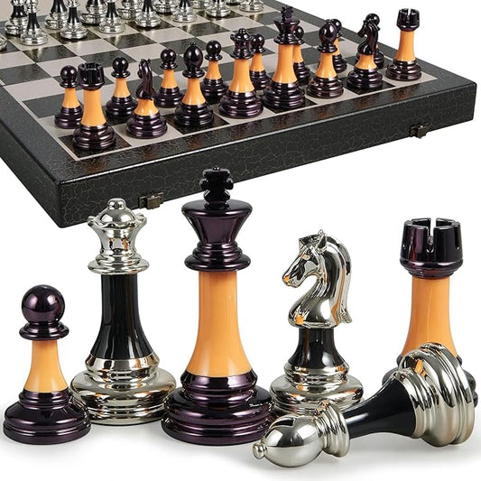 Chess Set 16" Wooden Foldable Black White Chess Board 3.5" Luxury Weighted Acrylic Chess Pieces with Storage Slots for Adults Children Gift Large
