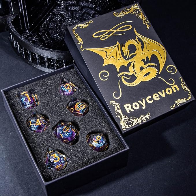 Dragon Pattern Liquid Core DND Dice Set, 7Pcs Sharp Edge Dice with Gift Box, Purple Resin Dungeons Dragons D and D Role Playing Dice D20 D12 D10 D8 D6 D4