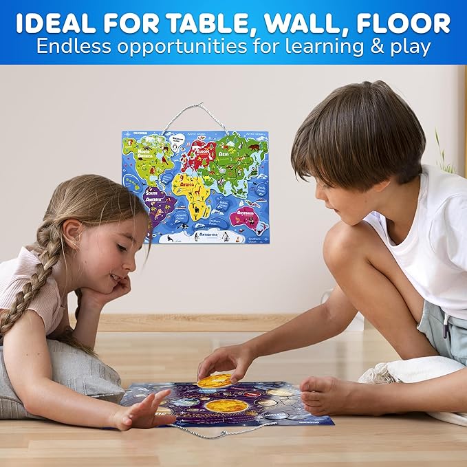 QUOKKA Magnetic Toddler Puzzles Ages 3-5 - 3 Educational Travel Games Puzzles for Kids Ages 4-6 - Space, USA and World Map Learning Toys for Boy and Girl 2-4 Learn United States