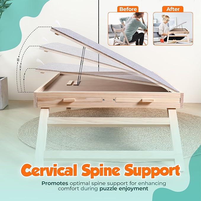 1500 Piece Jigsaw Puzzle Table with Drawers - 34” X 25” - Wooden Puzzle Table with Cover | 3-Tilting-Angle Adjustable & 4 Drawers - Portable and Felted Anti-Slip Surface