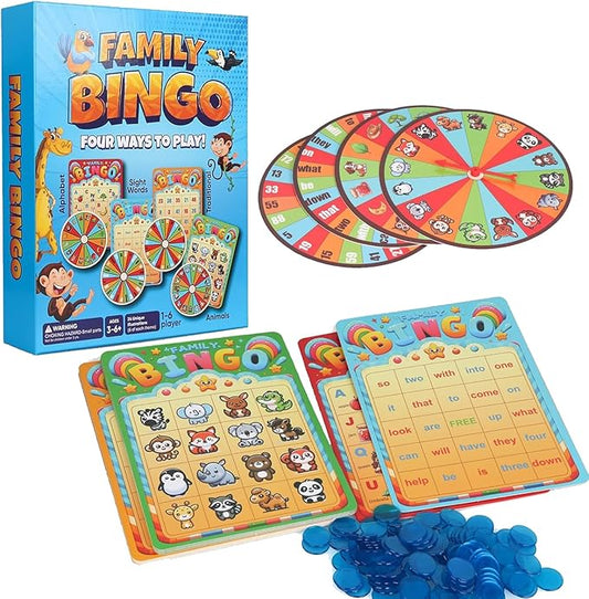 Family Bingo Game for Toddlers Ages 3+ | 4-in-1 Educational Bingo Set for Kids with Numbers, Sight Word, Letters & Animals | Family-Friendly Board Game for Learning & Fun | 2-4 Players