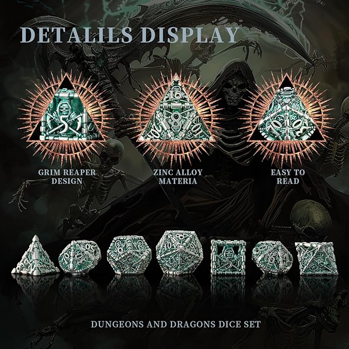 DND Hollow Polyhedral Dice Set, Metal Green White Grim Reaper of 7 Piece Role Playing Dice, for Dungeons and Dragon Dice or RPG MTG Table Game(Green and White)
