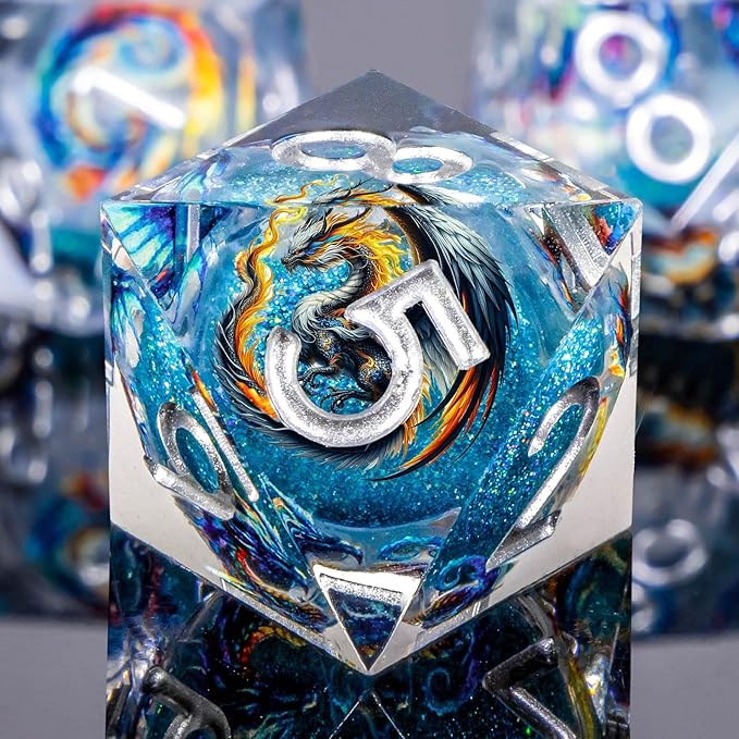 Dragon Pattern Liquid Core DND Dice Set, 7Pcs Sharp Edge D&D Dice with Gift Box, Blue Resin Dungeons Dragons D and D Role Playing Dice D20 D12 D10 D8 D6 D4