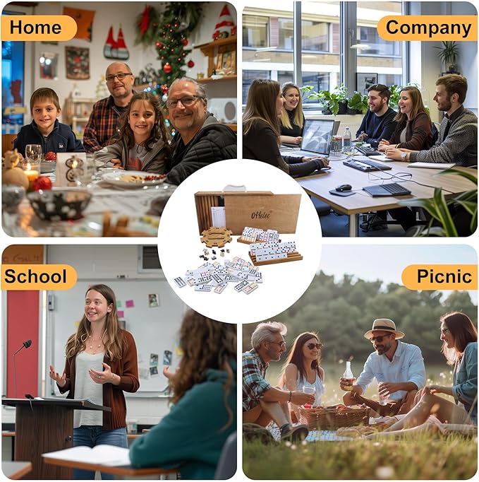 Mexican Train Double 12 Dominoes Set with Wooden Box, Domino Tile Board Games with 8pcs Trays, 9 Markers, 91 Tiles, 2 Scoreboards and Hub - Dominos Set for Adults Kids and Family Game Night