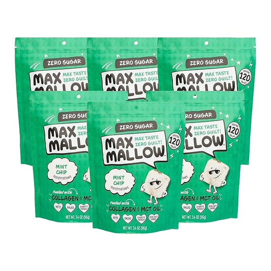 Max Mallow Sugar Free Marshmallows - Keto Friendly, Perfect for S'mores, Hot Chocolate, and Baking with Zero Sugar Snacks, Smores Mct Oil Zero Sugar Marshmellow Marshmallow Mint Chip, 6 Pack