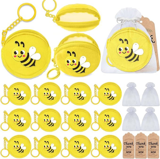 36 Pack Bee Change Coin Purses Set Include 12 Bee Wallets with Keyrings, 12 Thank You Tags and 12 Organza Bags for Honey Bee, Bumble Bee, Mommy to Bee, Baby to Bee, Birthday,Yellow