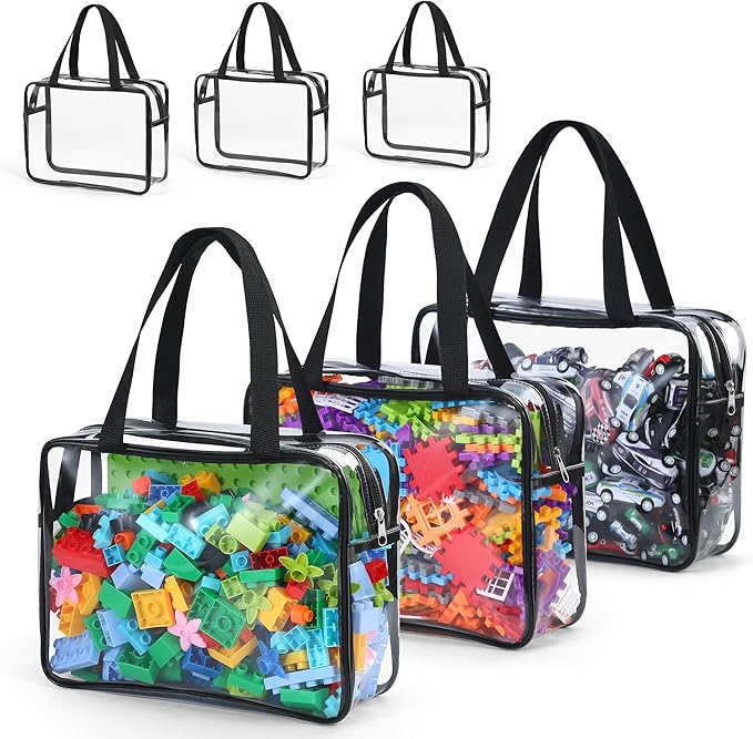 6 Packs Large Toy Storage Bags,Clear Waterproof PVC Toy Storage Organizer with Zipper,Reusable Travel kids Organizer Bags for Board Game,Building Blocks and Puzzles,Black