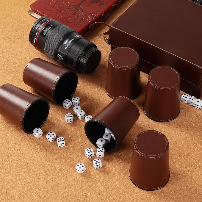 Party Games Leather Dice Cup Set, 6 Black Leather Dice Cups +30 Dice + Exclusive Storage and Transport Case Made of Faux Leather