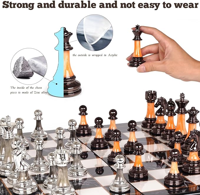 15" Large Chess Set for Adults Kids with Weighted Acrylic Chess Pieces 3.5" King & Portable Folding Marbling Wooden Chess Board Travel Chess Sets Family Board Game Gift – Elegant Classic Chess Game