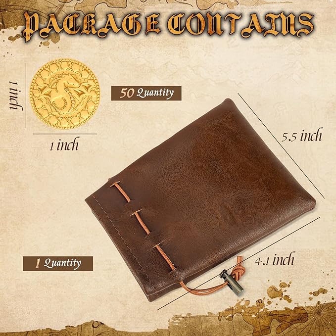50 PCS DND Fantasy Metal Gold Coins & Leather Pouch for Dungeons & Dragons Novelty Tabletop RPG Board Games Tokens Treasure Coins for Party Tablelap Games Accessories Addons Medieval Game