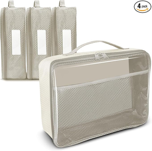 Toy Storage Bag, On the Go Toy Storage Organizer, Car Toy Organization, Blocks Travel Bag, Activity Bags for kids, Traveling Carrying Case, Storage Organizer (Small 4pc Beige Bags)