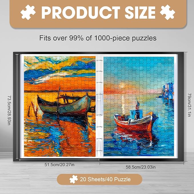 Demine Puzzle Storage Folder for 1000 Pieces – Portable Jigsaw Puzzles Organizer Binder Fits Up to 40 Puzzles, 20 HD Film Pockets, Handle Design Puzzle Keeper for Adults and Kids