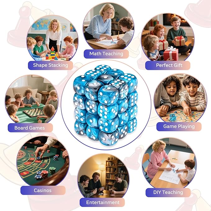 36 Pieces 12mm 6 Sided Mini Dice Set,Two Colours D6 Game Dice Set,6 Sided Standard Game Dice for Board Games Dice Games Classroom Teaching Dices Game,with Portable Gaming Box(Blue & Silver)