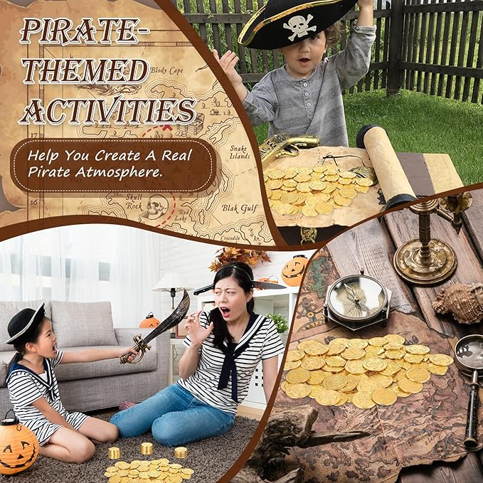 Hanaive 100 Pcs Metal Pirate Coins Bulk Gold Fake Coins Spanish Doubloon Tokens for Kids Board Games Pirate Party Cosplay(Irregular and Round)