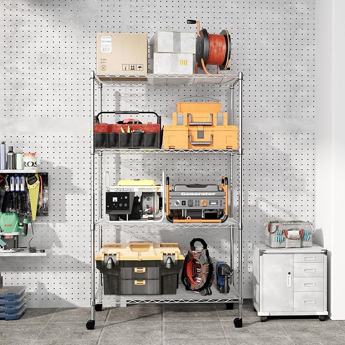 YSSOA Heavy Duty 4-Tier Shelving with Wheels, 35.43" D x 17.72" W x 61.02" H Adjustable Steel Organizer Wire Rack 1400 Lb Capacity, Chrome