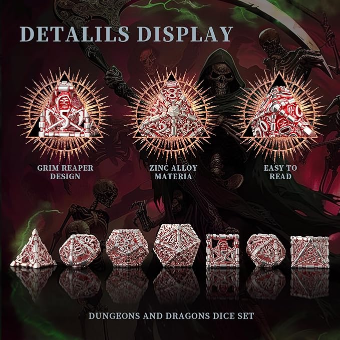 DND Dice Set,HNCCESG DND Hollow Polyhedral Dice Red White Grim Reaper Metal 7Pcs Dice Set with Gift Box for Dungeons and Dragon Tabletop Game for MTG RPG(Matt red White)