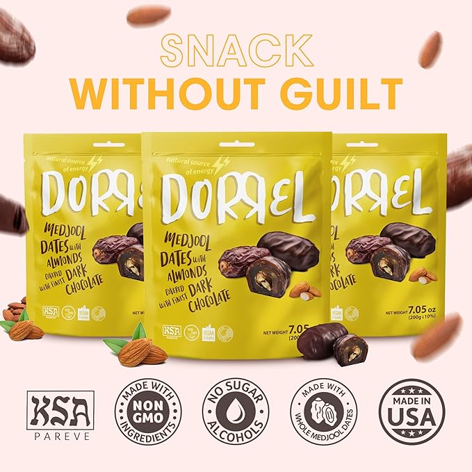 DORREL - Belgian Dark Chocolate Covered Dates (Medjool) with Salted Almonds Stuffing, High Energy Vegan Choco Snack, Delicious, Kosher & Non-GMO, Pack of 3 Stuffed Chocolate Dates, 7.05 oz / 200 g Ea